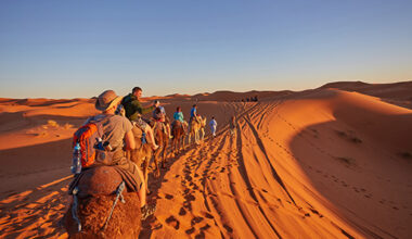 Panoramic view of camel ride in the Sahara desert, Morocco